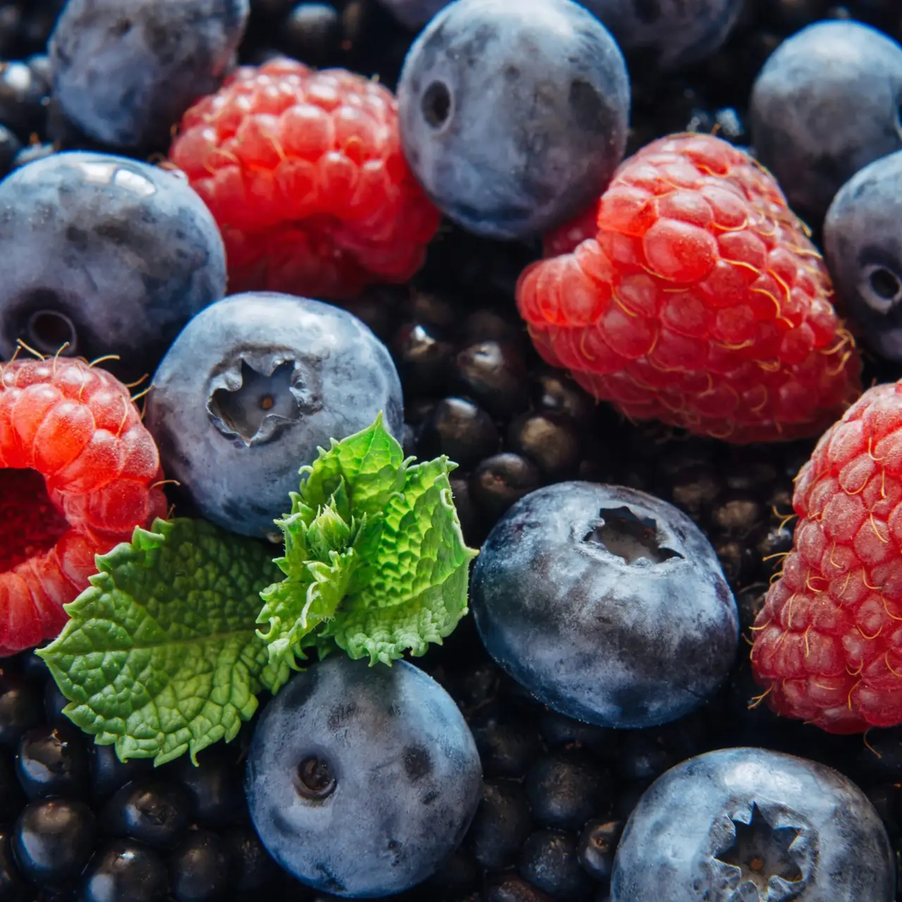 Healthy mixed fruit and ingredients with strawberry, raspberry, blueberry, blackberry from top view and decorated with mint